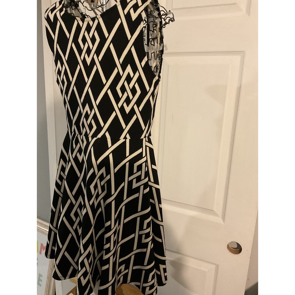 Alya Women Black White Geometric Lattice Fit and Flare Dress Large Made in USA - Picture 2 of 7